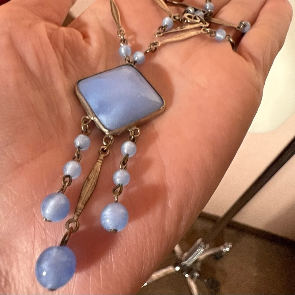 Antique 1920 Art deco Czechoslovakian blue frosted glass brass necklace 16 inch